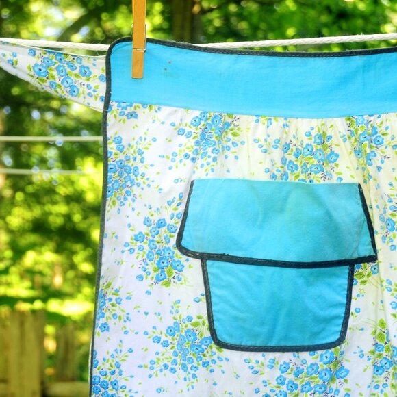 VTG 70's Turquoise Floral Hostess Half Apron Flowerpot Pocket Ric Rack Trim - Picture 4 of 7